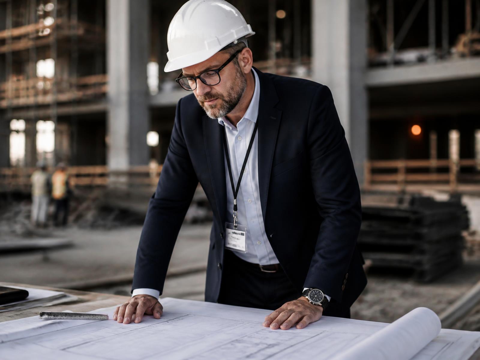 Gestionnaire de projet de construction consultant des plans sur un chantier — image représentative